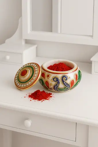 Marble Sindoor Dani, Sindoor Box, Kumkum Box (7.5Cm X7.5 Cm X 5 Cm) (Peacock)(Multicolour)
