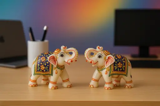 Marble Elephant Pair Embellished and Hand Painted Showpiece for Home Decor - 2.5 inches